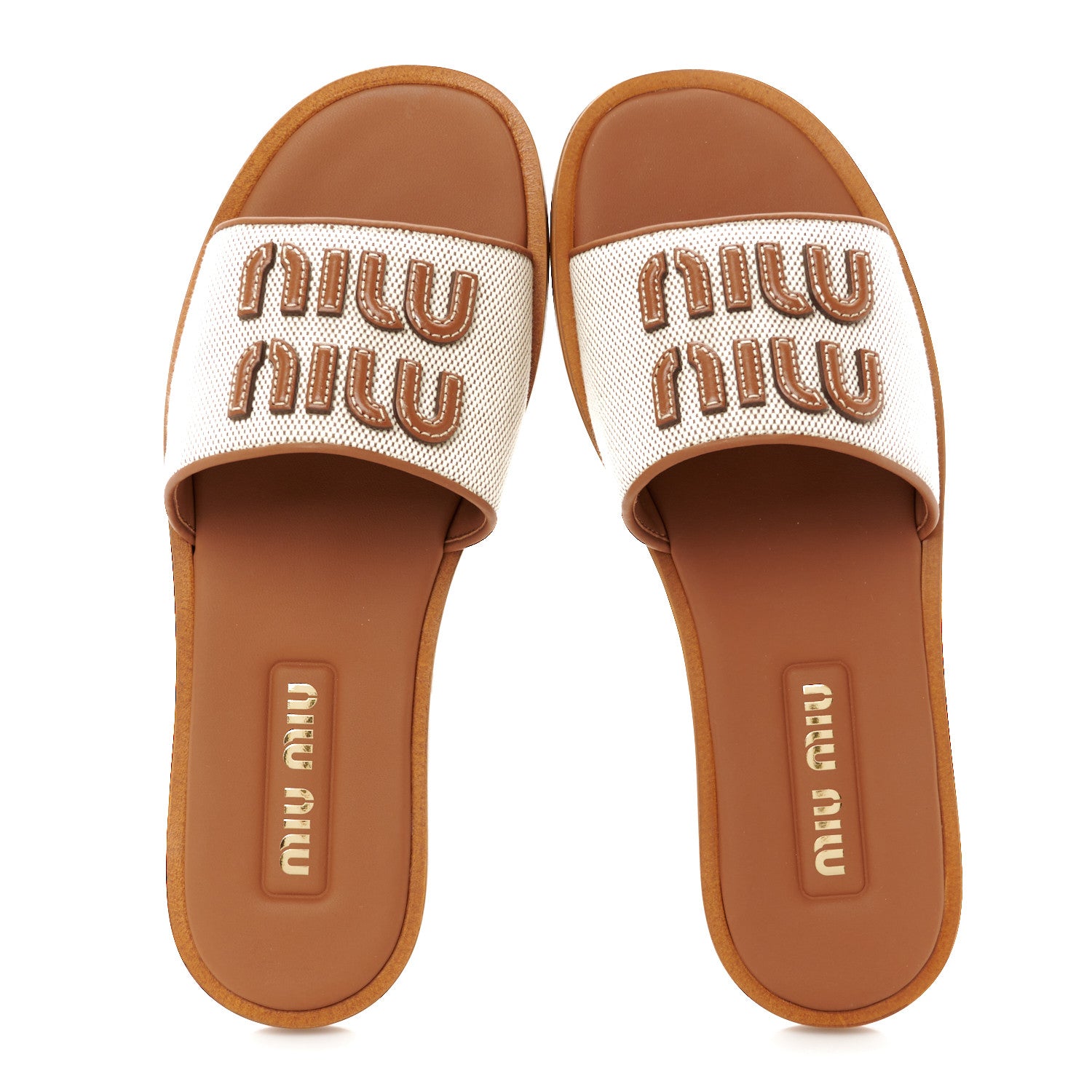 Miu Miu Canvas Calfskin Logo Sandals 38.5 Naturale 2 of 8