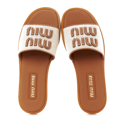 Miu Miu Canvas Calfskin Logo Sandals 38.5 Naturale 2 of 8