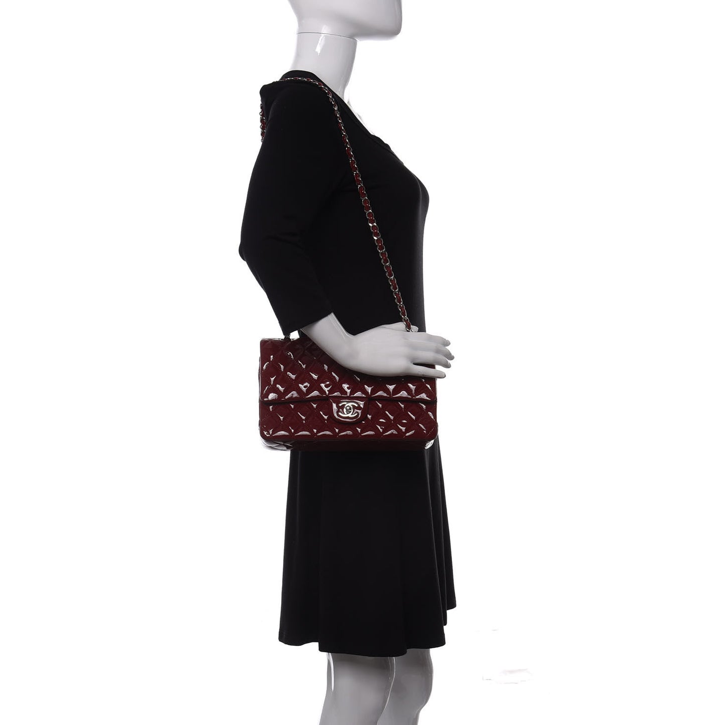 Patent Calfskin Quilted Medium Double Flap Dark Red