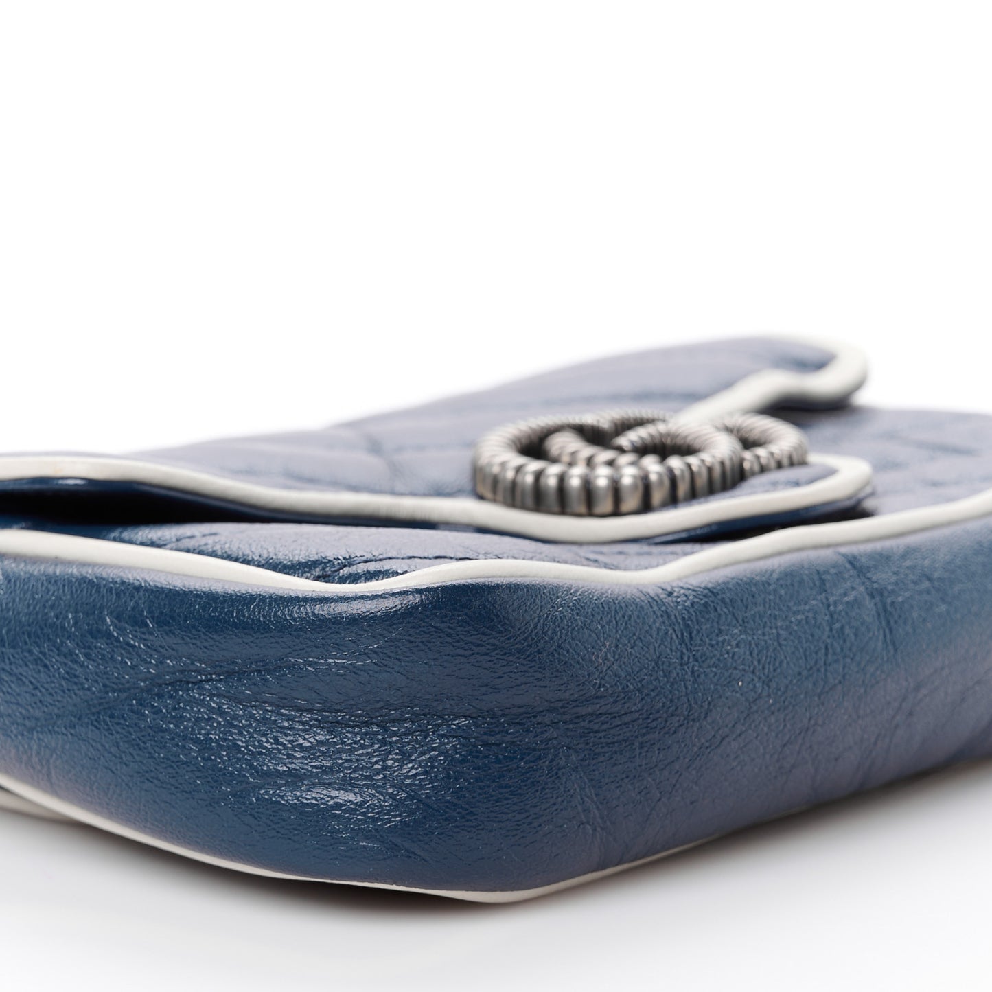 Vintage Effect Calfskin Matelasse Diagonal Super Mini Torchon GG Marmont Shoulder Bag Blue Agata Mystic White
