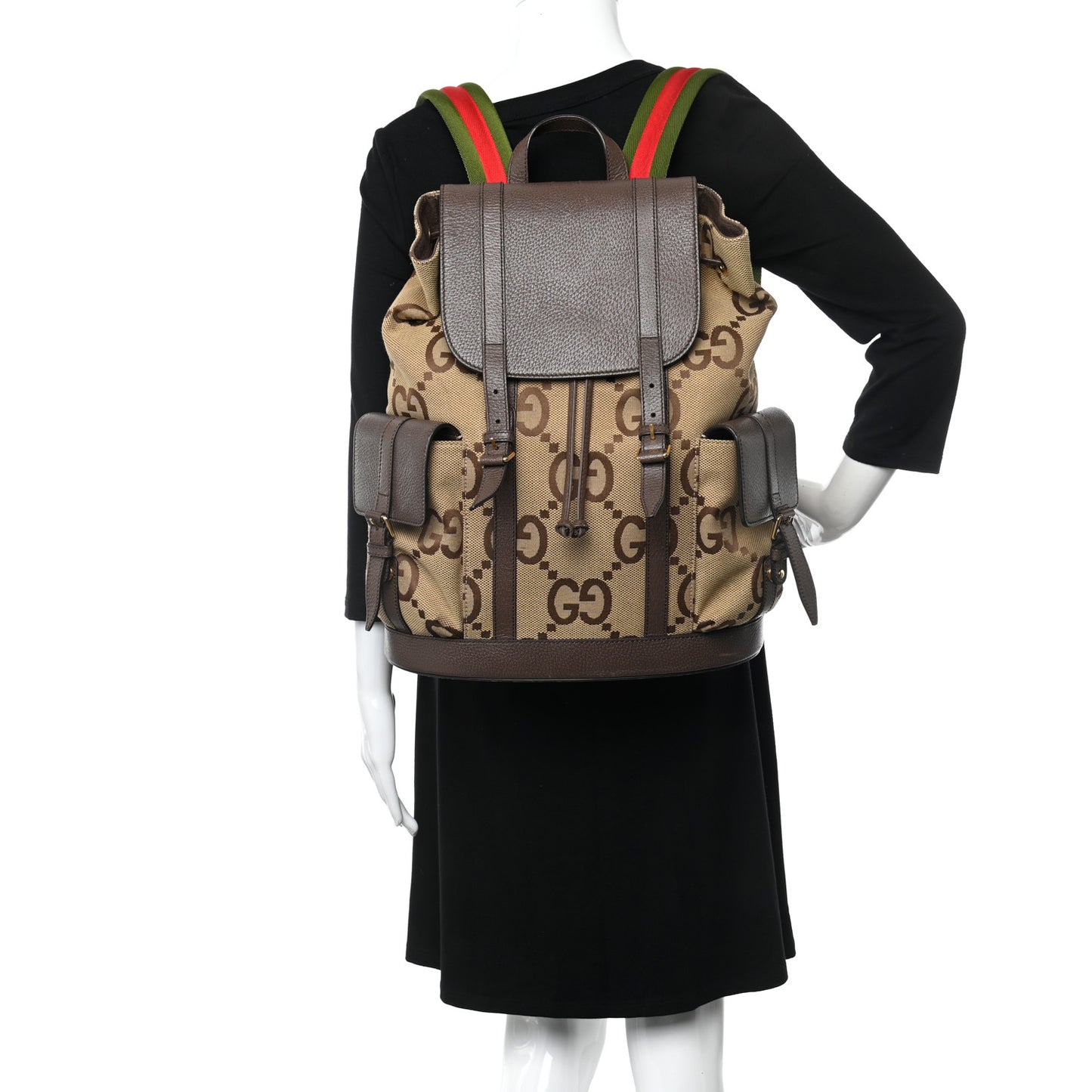 Monogram Jumbo GG Textured Dollar Calfskin Web Double Buckle Backpack Camel Ebony New Acero