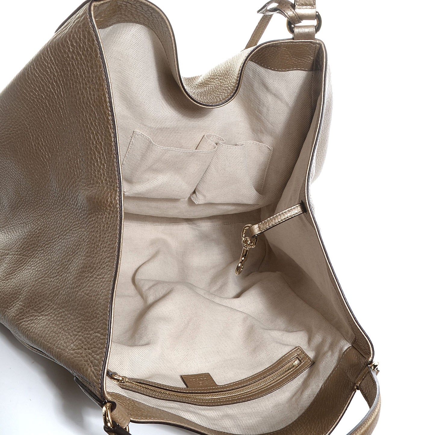 Metallic Pebbled Calfskin Large Soho Shoulder Bag Golden Beige