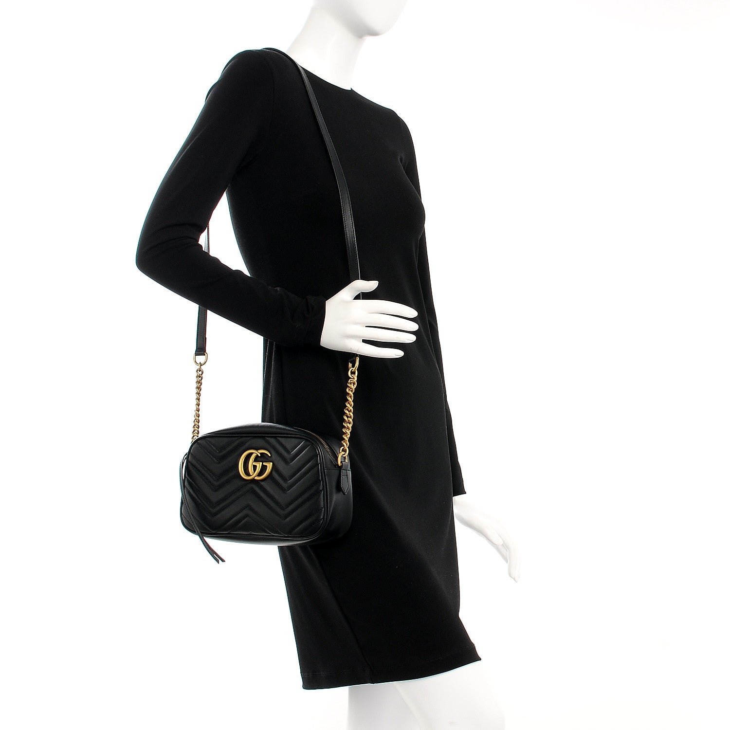 Gucci Calfskin Matelasse Small GG Marmont Chain Shoulder Bag Black 2 of 7