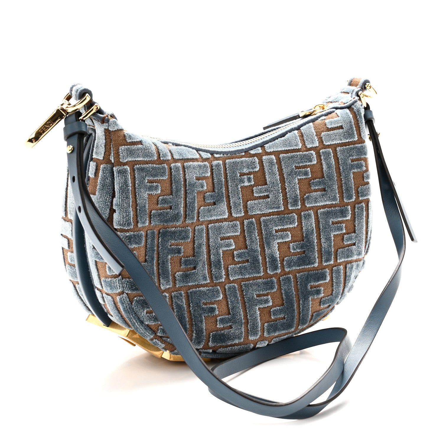 Fendi Velluto Jacquard F is Fendi Vitello Grace Mini Fendigraphy Hobo Bag Blue Brown 3 of 11