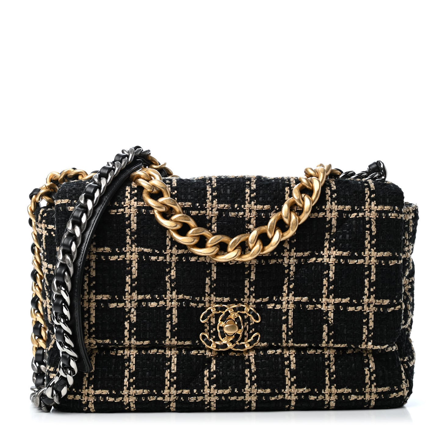 Tweed Quilted Large Chanel 19 Flap Black Beige