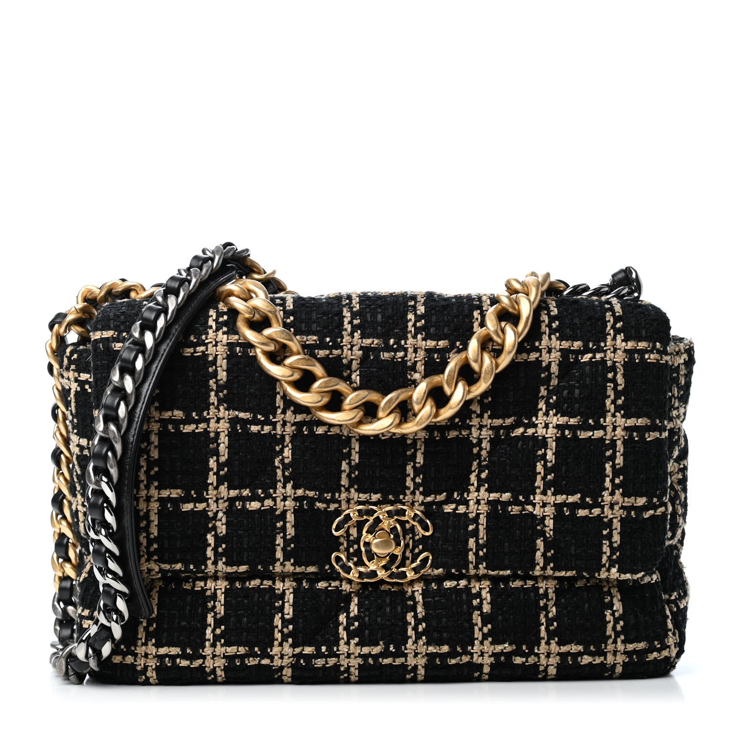 Chanel Tweed Quilted Large Chanel 19 Flap Black Beige 1 of 4