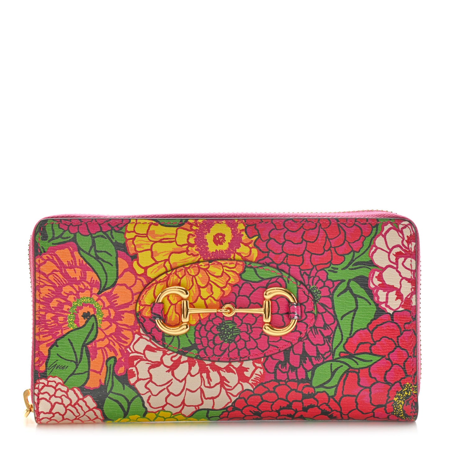 X KEN SCOTT Shangai Calfskin Pomponica Print Horsebit 1955 Zip Around Wallet Multicolor Fuxia Pompon