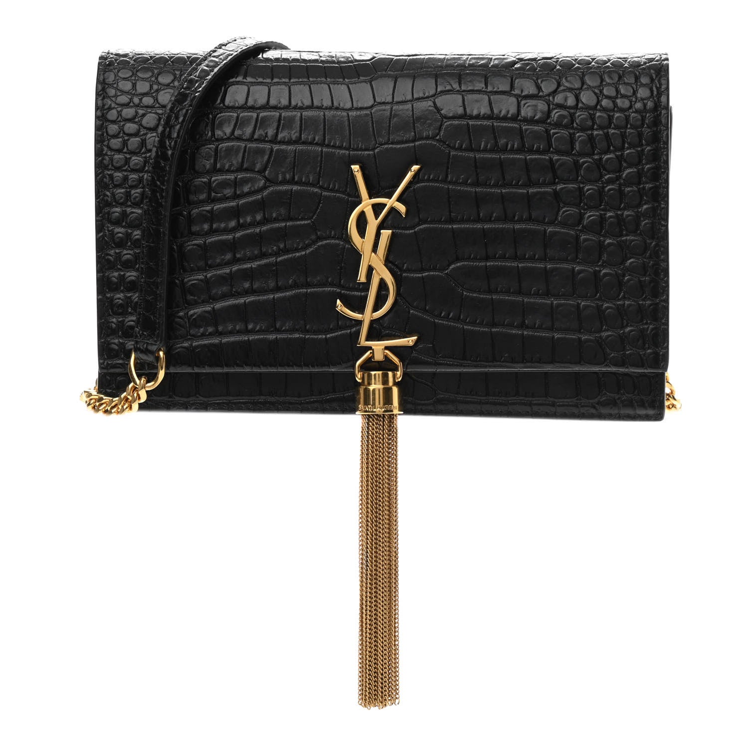 Saint Laurent Calfskin Crocodile Embossed Kate Monogram Tassel Chain Wallet Black 1 of 11