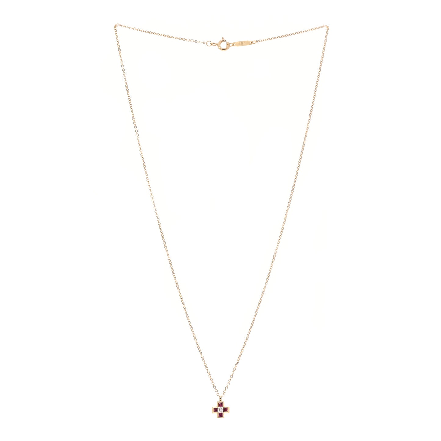 18K Yellow Gold Diamond Ruby Mini Cross Pendant Necklace