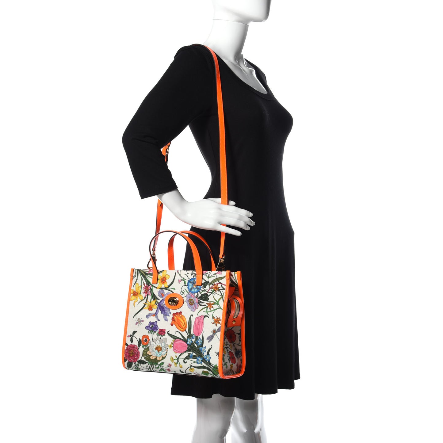 Canvas Medium Flora Tote White Multicolor Orange Fluo