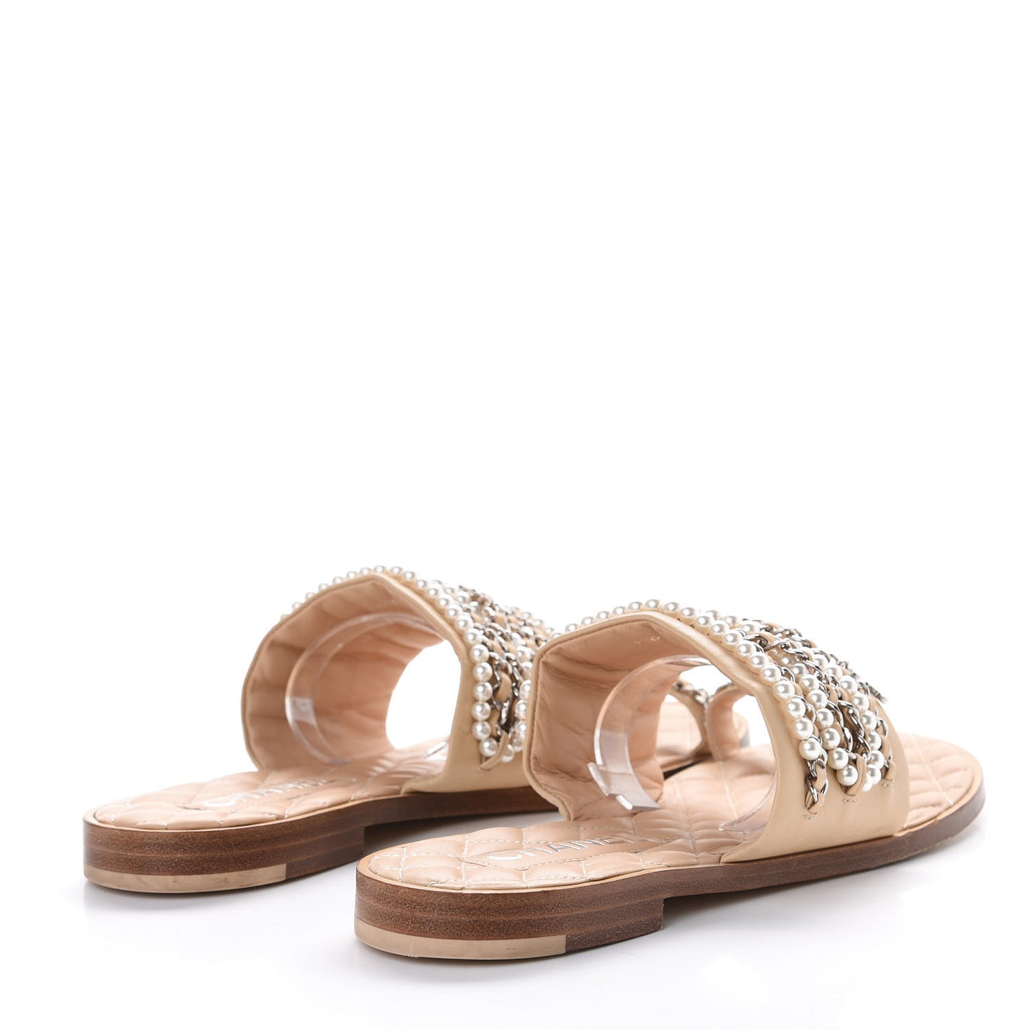 Lambskin Pearl Chain Flat Sandals 41 Beige