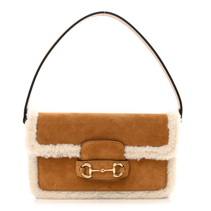Gucci Suede Shearling Horsebit Mini 1955 Shoulder Bag Honey Beige Milk 1 of 10