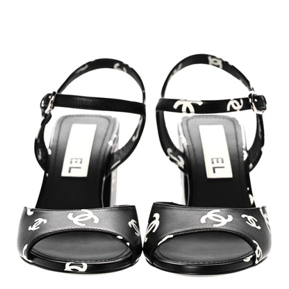 Chanel Printed Lambskin CC Sandals 36.5 Black White 2 of 9