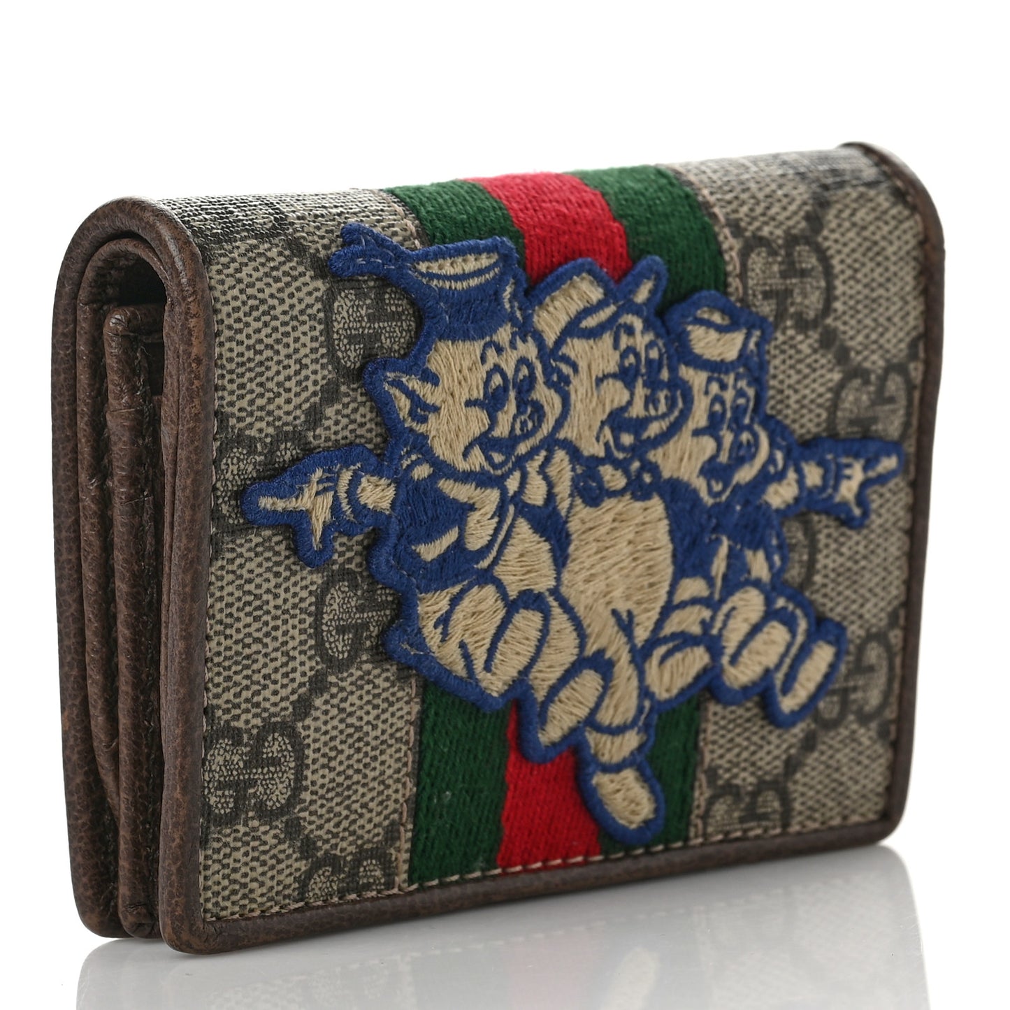 X DISNEY GG Supreme Monogram Web Three Little Pigs Ophidia Card Case Wallet Beige New Acero