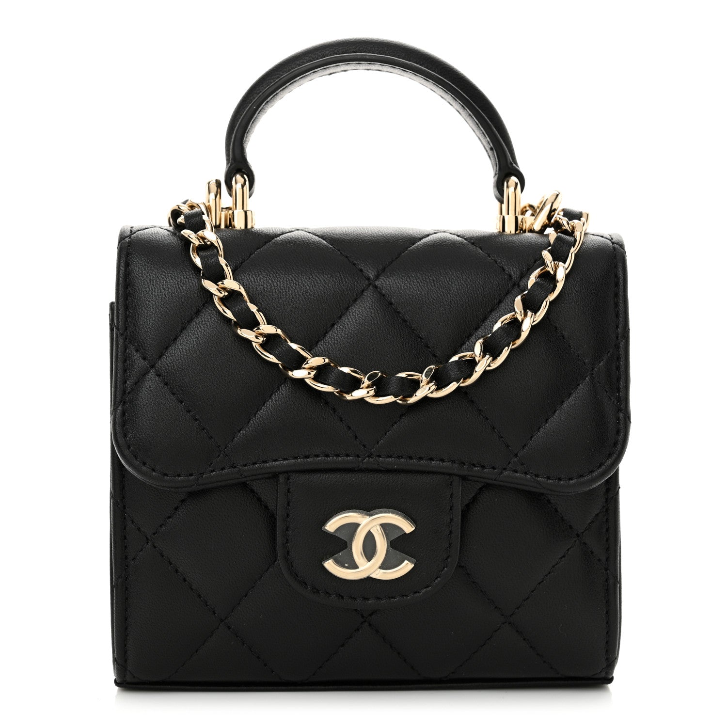 Chanel Lambskin Quilted Top Handle Flap Clutch With Chain  Black 1 of 10