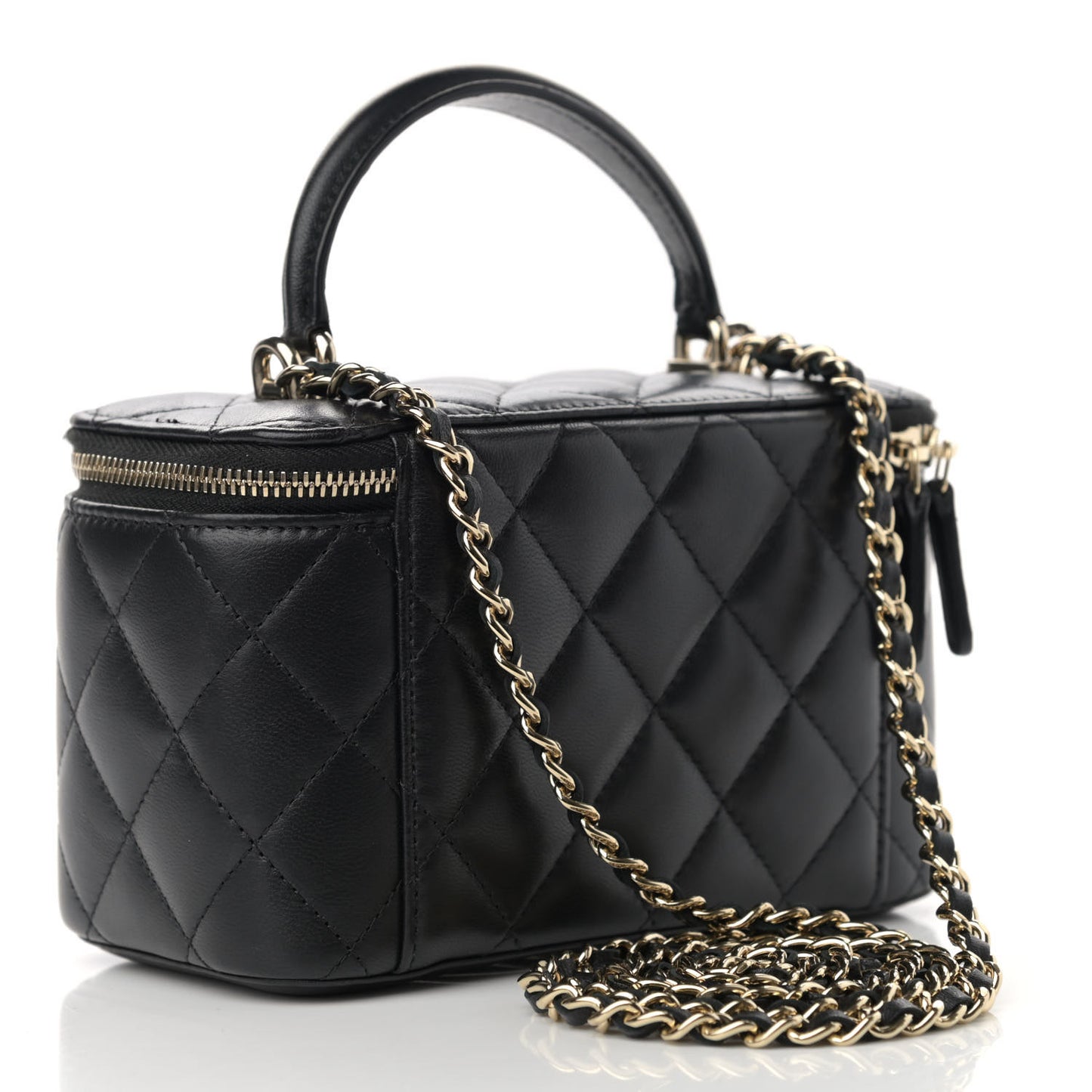 Lambskin Quilted Small Top Handle Vanity Case With Chain Black