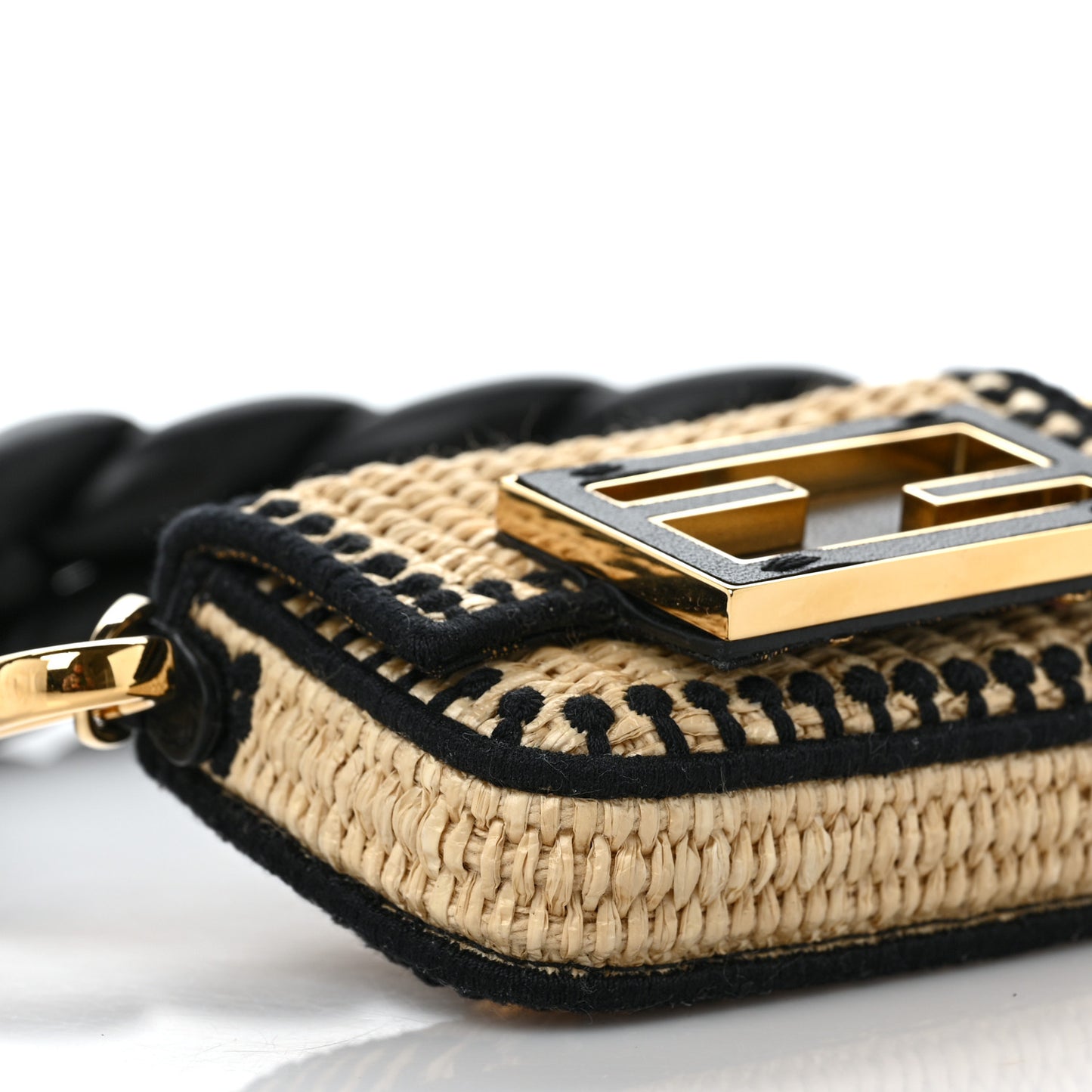 Straw Shiny Nappa Woven Nano Baguette Maxi Handle Charm Natural Black