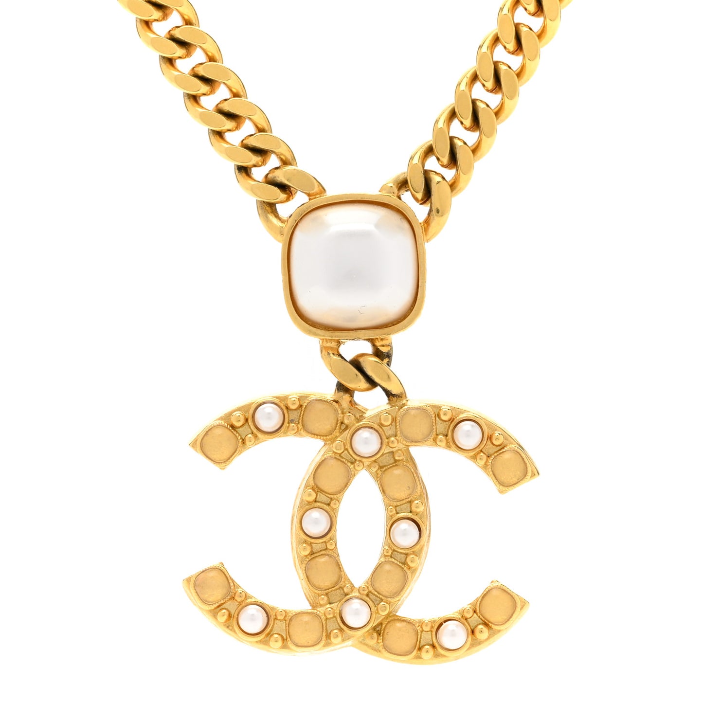 Metal Pearl CC Chain Pendant Necklace Gold
