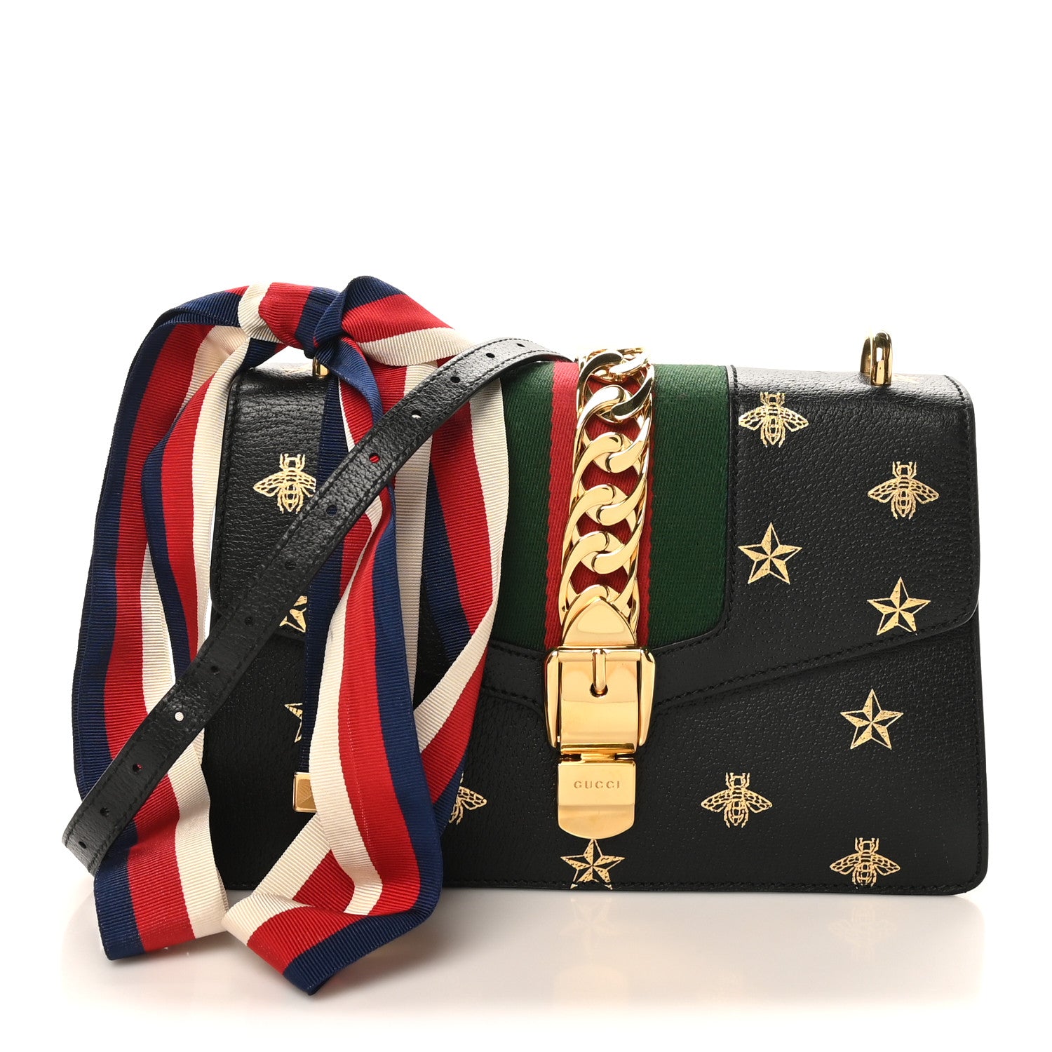 Gucci Textured Calfskin Bee Star Print Small Sylvie Shoulder Bag Black 1 of 10