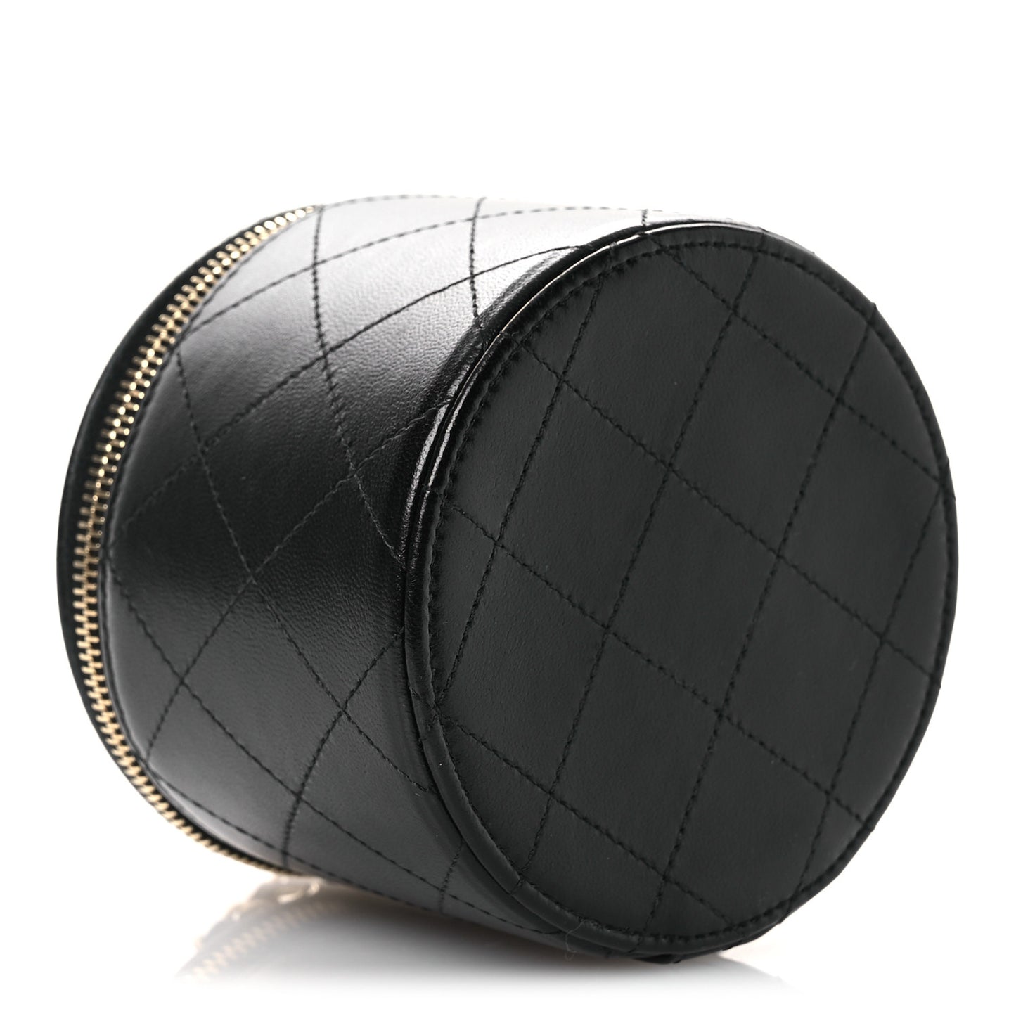 Lambskin Quilted Round Small Vanity Case With Chain Black