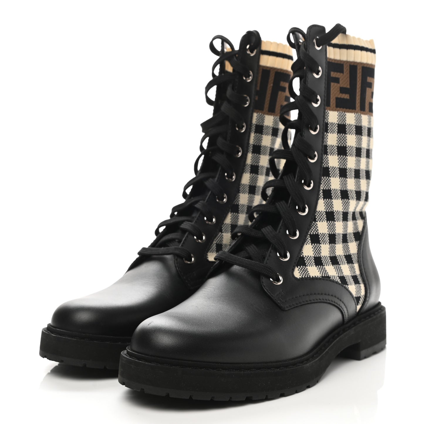 Vitello Stretch Fabric FF Vichy Rockoko Biker Boots 38 Black Crema Tobacco