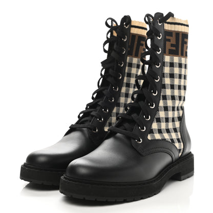 Fendi Vitello Stretch Fabric FF Vichy Rockoko Biker Boots 38 Black Crema Tobacco 3 of 7