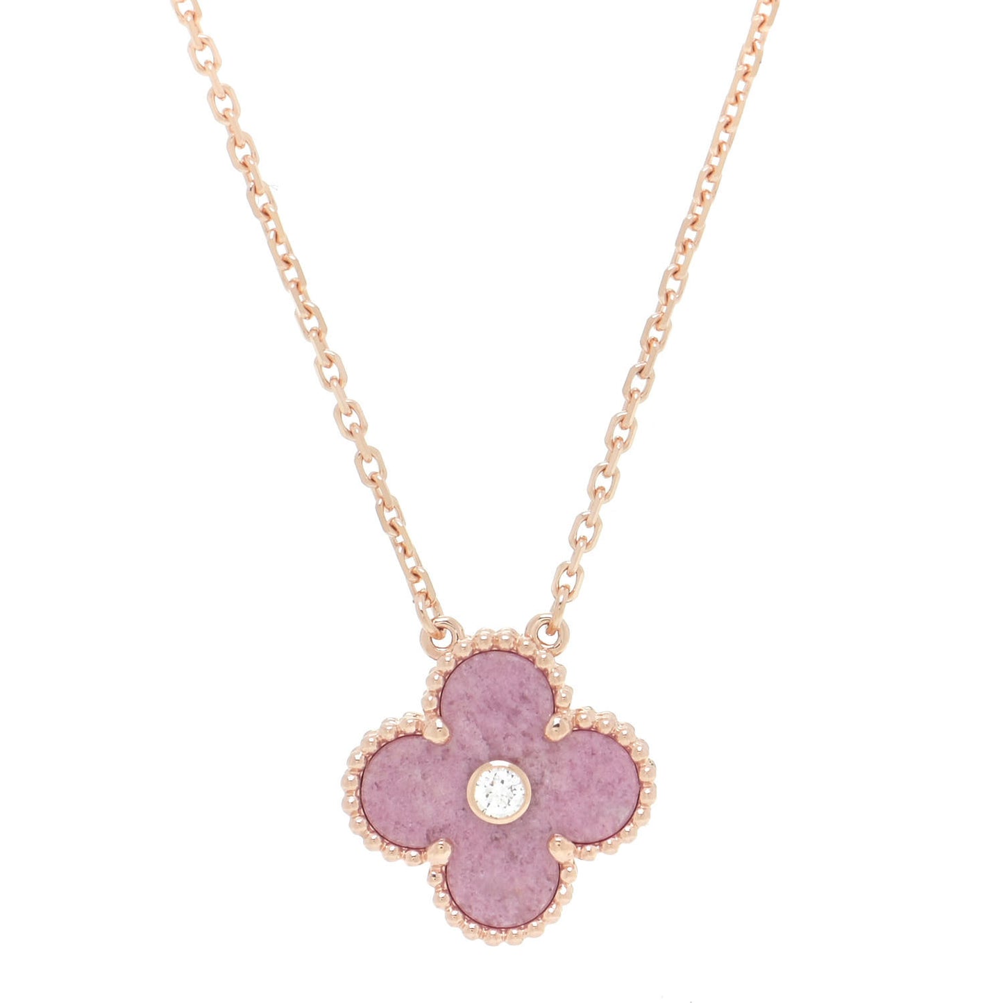 18K Rose Gold Diamond Rhodonite Vintage Alhambra Pendant Necklace
