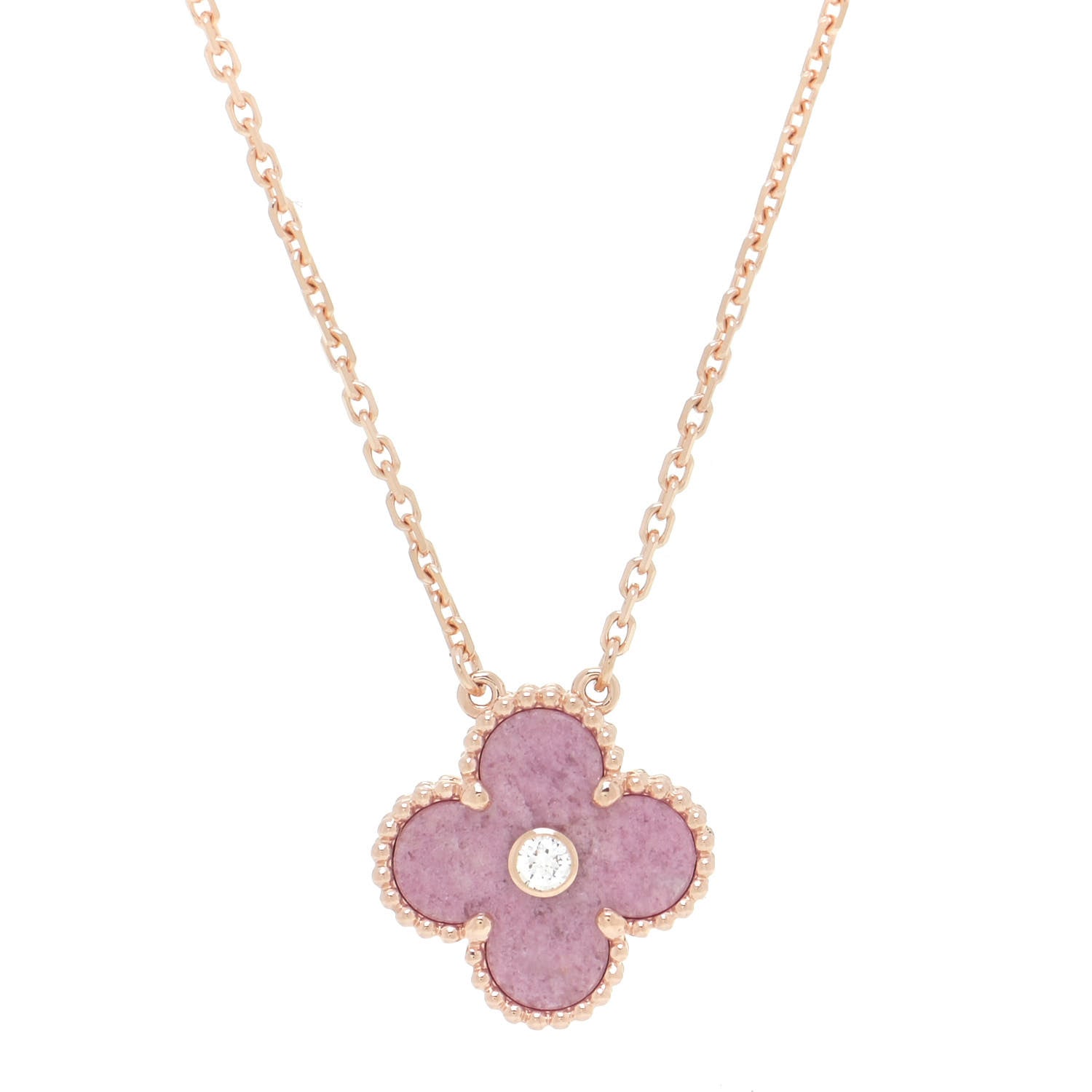 Van Cleef & Arpels 18K Rose Gold Diamond Rhodonite Vintage Alhambra Pendant Necklace 4 of 6
