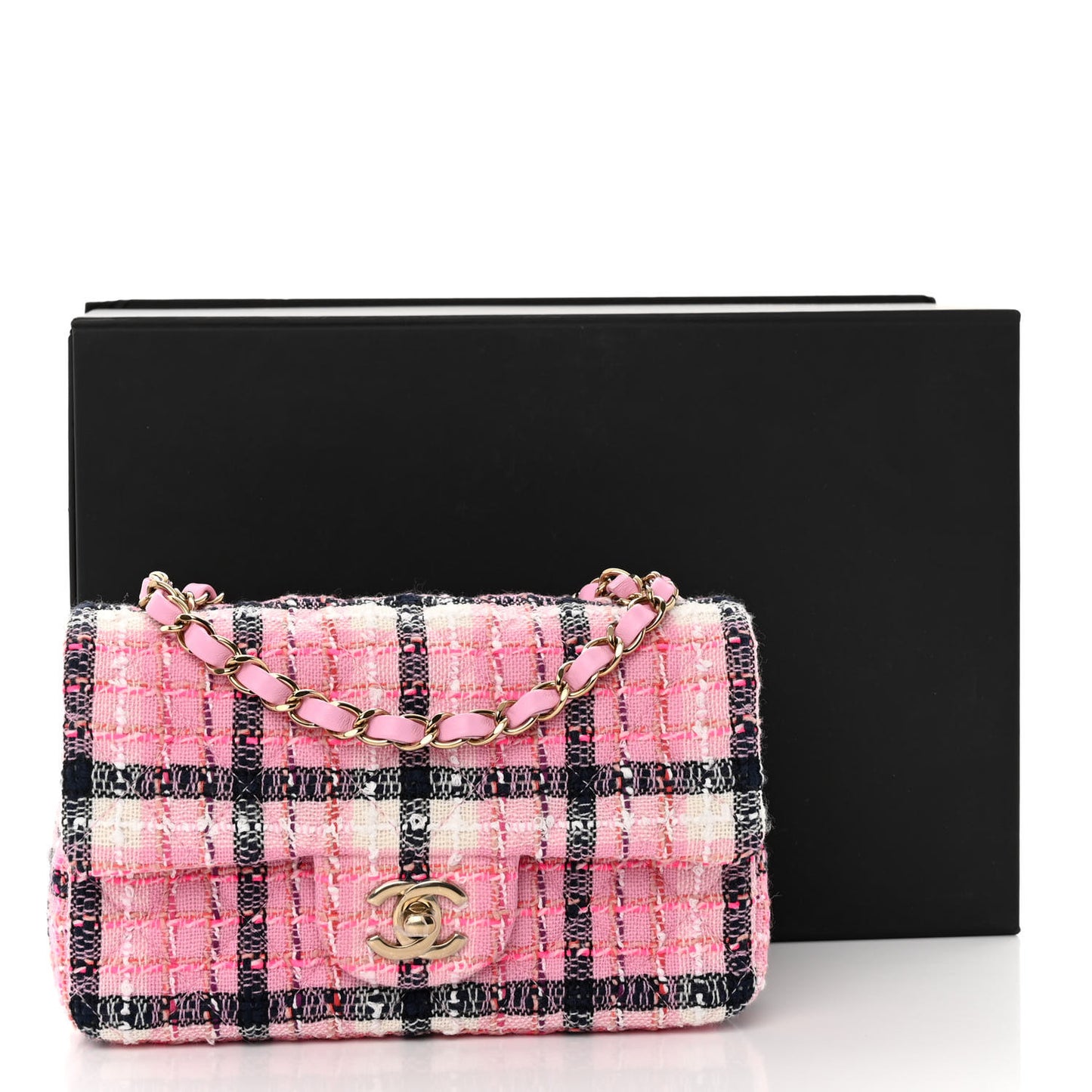 Metallic Tweed Quilted Mini Rectangular Flap Pink Navy White