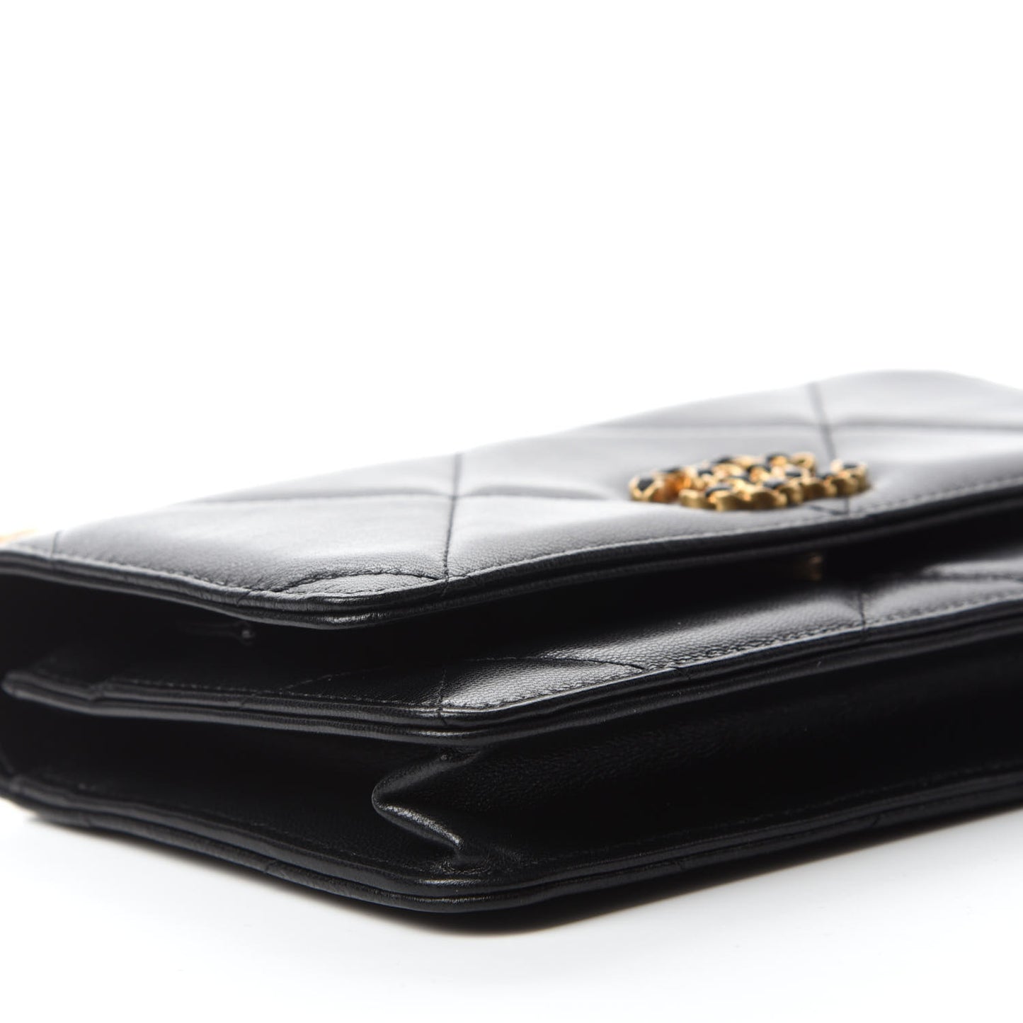 Shiny Goatskin Quilted Chanel 19 Wallet On Chain WOC Black