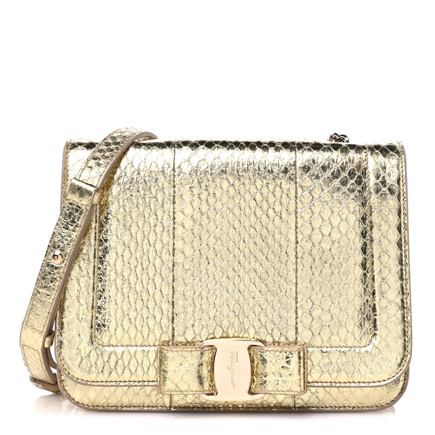 Metallic Snakeskin Small Vara Chain Crossbody Gold