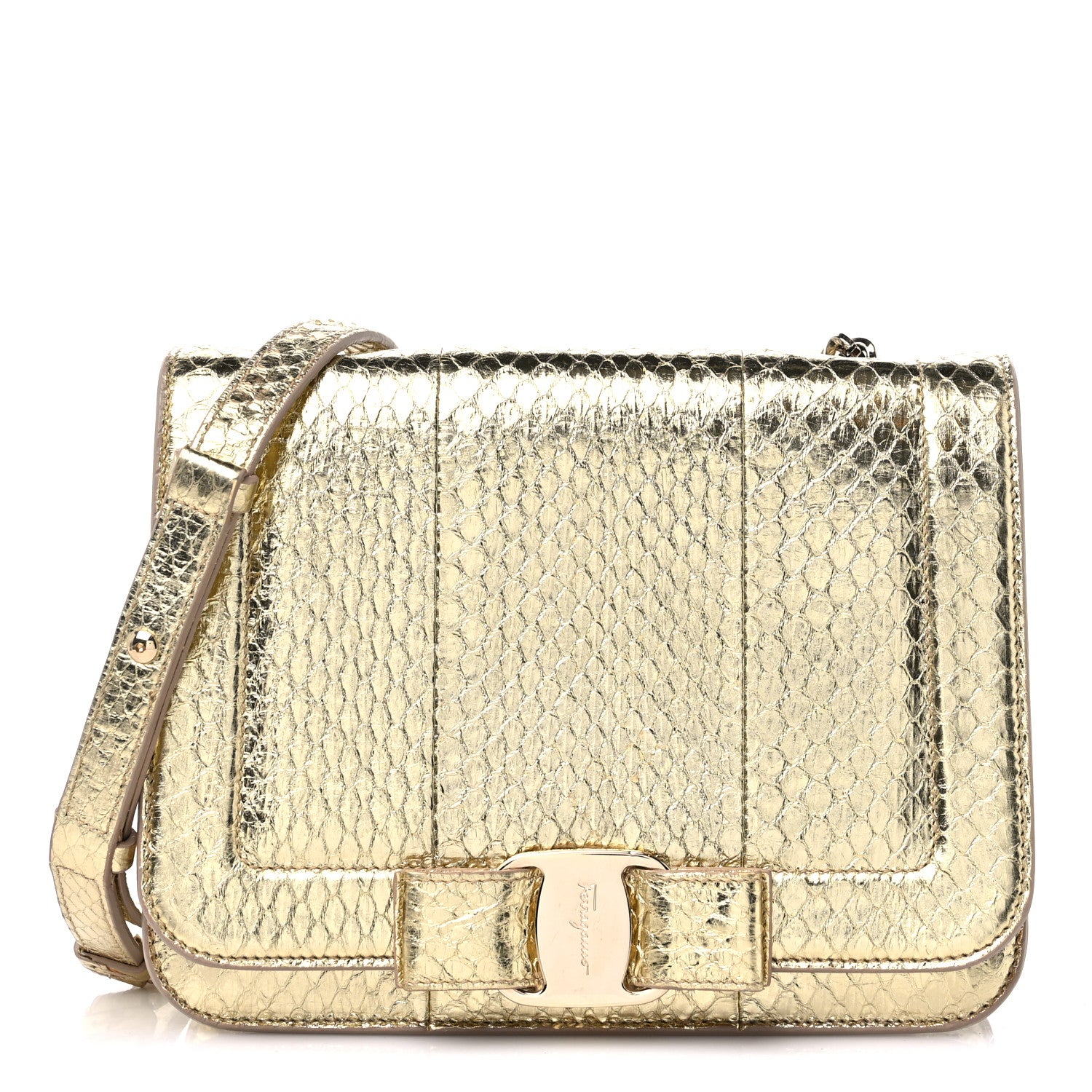 Salvatore Ferragamo Metallic Snakeskin Small Vara Chain Crossbody Gold 1 of 10