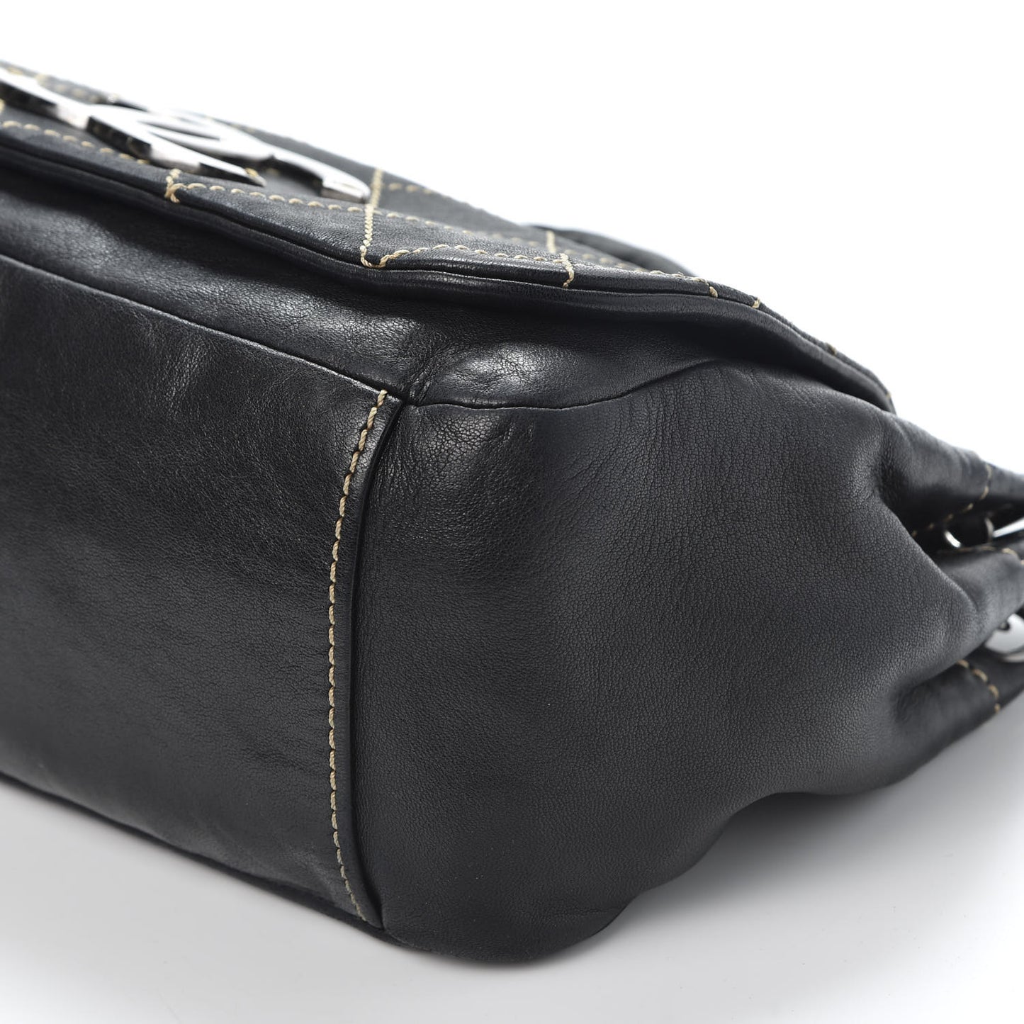 Lambskin Contrast Stitch Surpique Accordion Flap Black