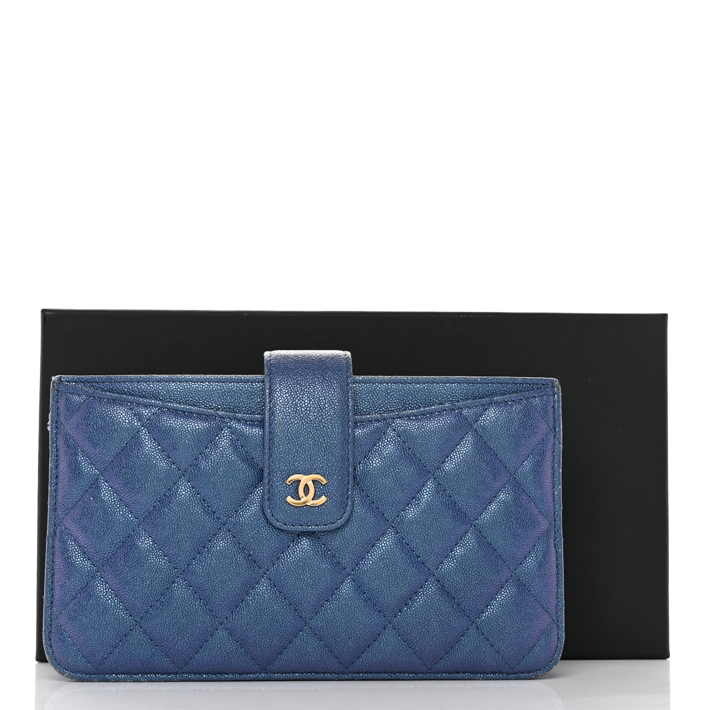 Iridescent Caviar Quilted Classic Strap Pouch Dark Blue