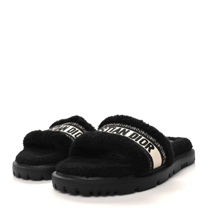Christian Dior Shearling Canvas Lurex Embroidered Dway 10mm Slide Sandals 39 Black Natural 3 of 8