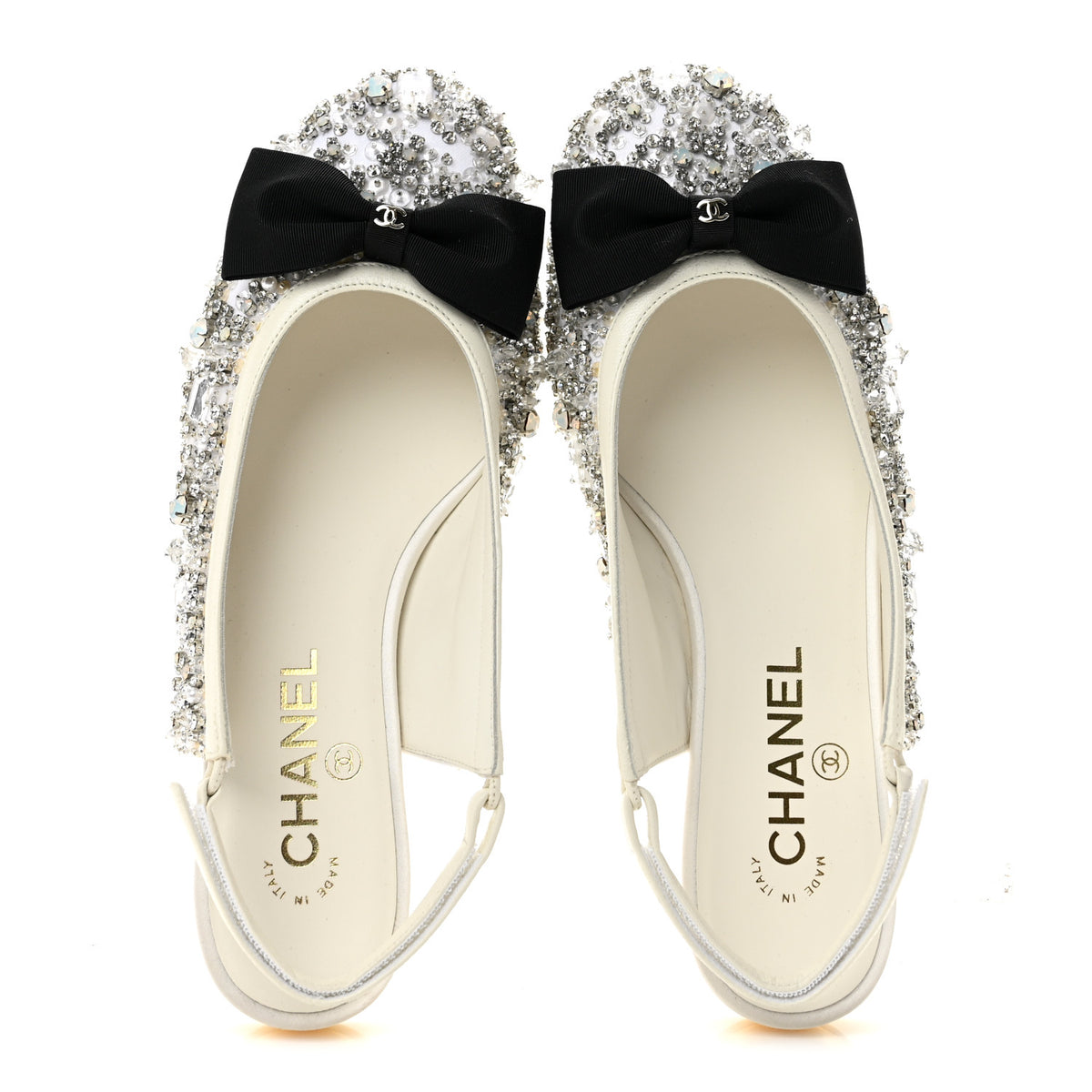 Chanel Satin Crystal Lambskin Grossgrain Bow CC Slingback Flats 38 White Black 2 of 9