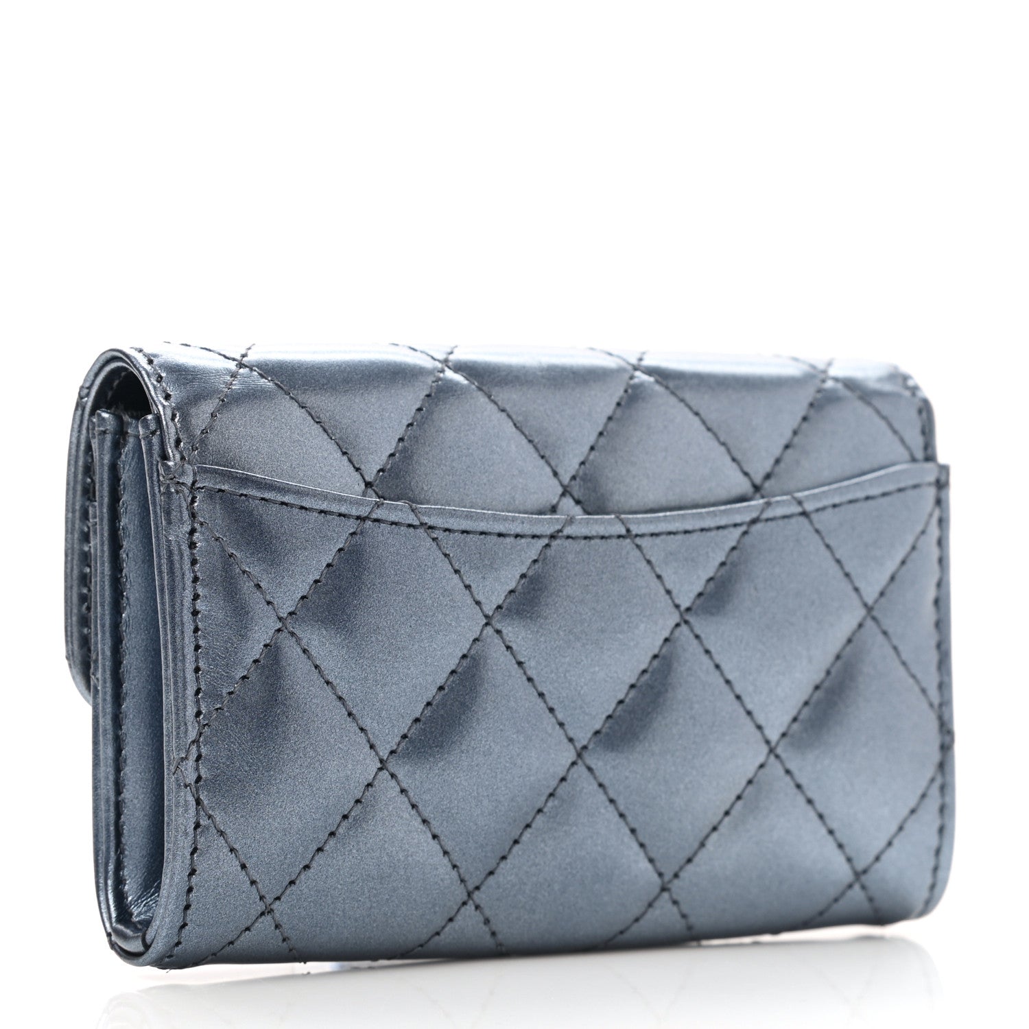 Chanel Metallic Lambskin Quilted Flap Card Holder Blue 3 of 9