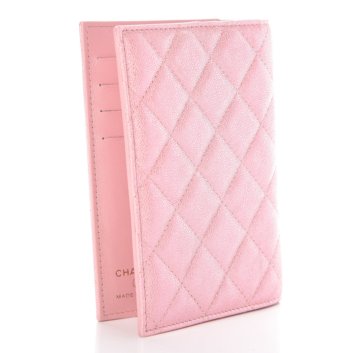 Iridescent Caviar Quilted Passport Holder Pink