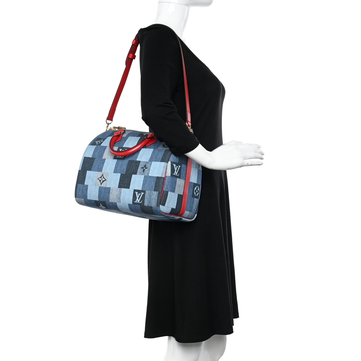 Denim Damier Monogram Patchwork Speedy Bandouliere 30 Blue Rouge