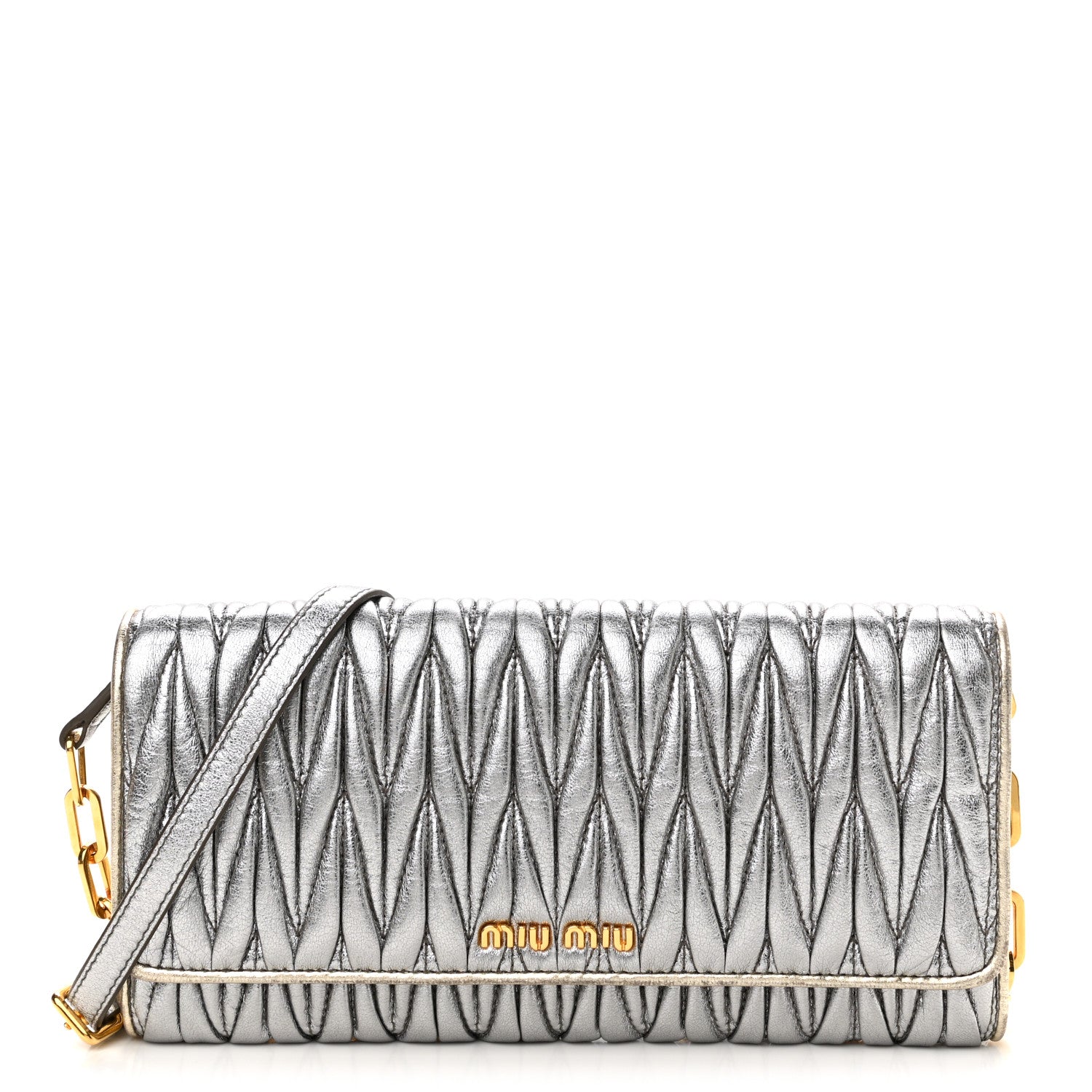 Miu Miu Metallic Nappa Matelasse Wallet On Chain Silver 1 of 10