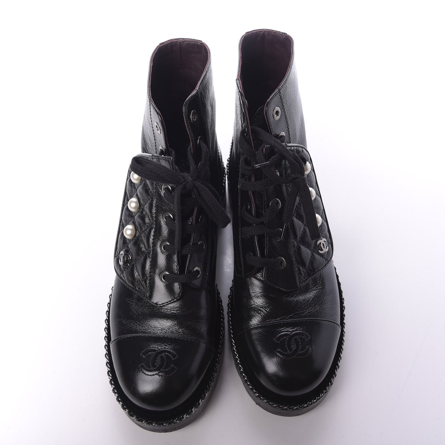 Crackled Calfskin Velvet Pearl Combat Short Boots 39 Black