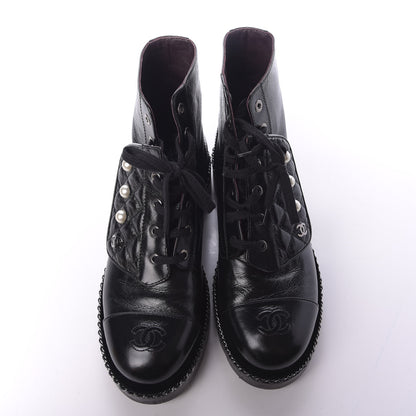 Chanel Crackled Calfskin Velvet Pearl Combat Short Boots 39 Black 6 of 10