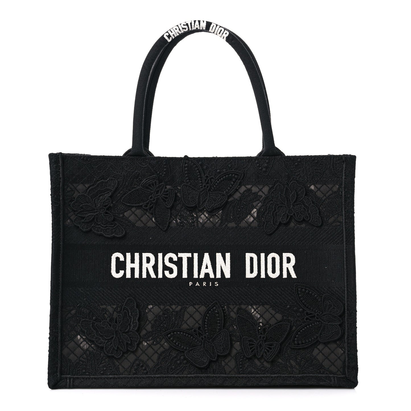 Embroidered 3D Macrame D-Lace Butterfly Medium Book Tote Black Multicolor