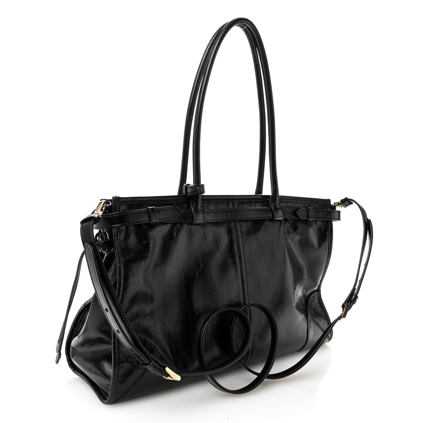 Glossy Calfskin Triangle Large Bonnie Shoulder Bag Black