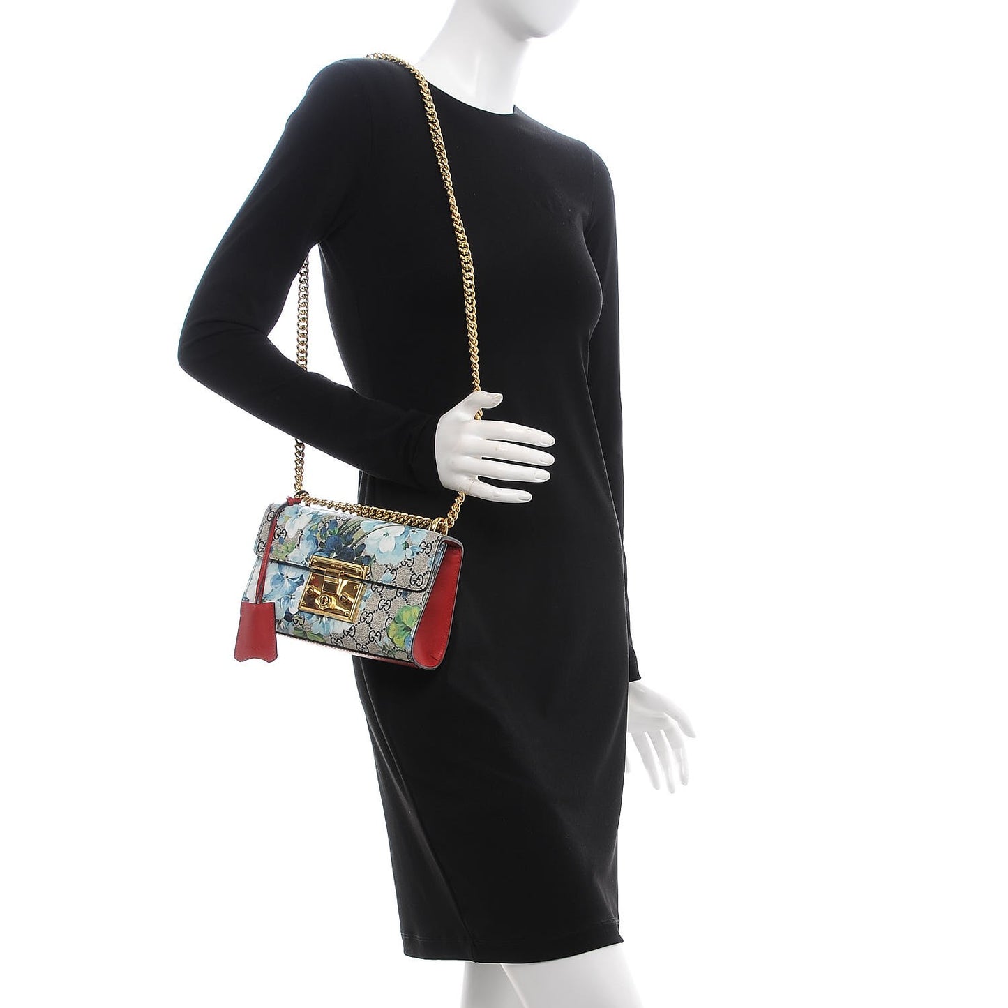GG Supreme Monogram Blooms Small Padlock Shoulder Bag Beige Blue Navy Hibiscus Red