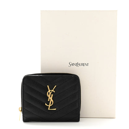 Saint Laurent Grain De Poudre Matelasse Chevron Monogram Compact Zip Around Wallet Black 11 of 11
