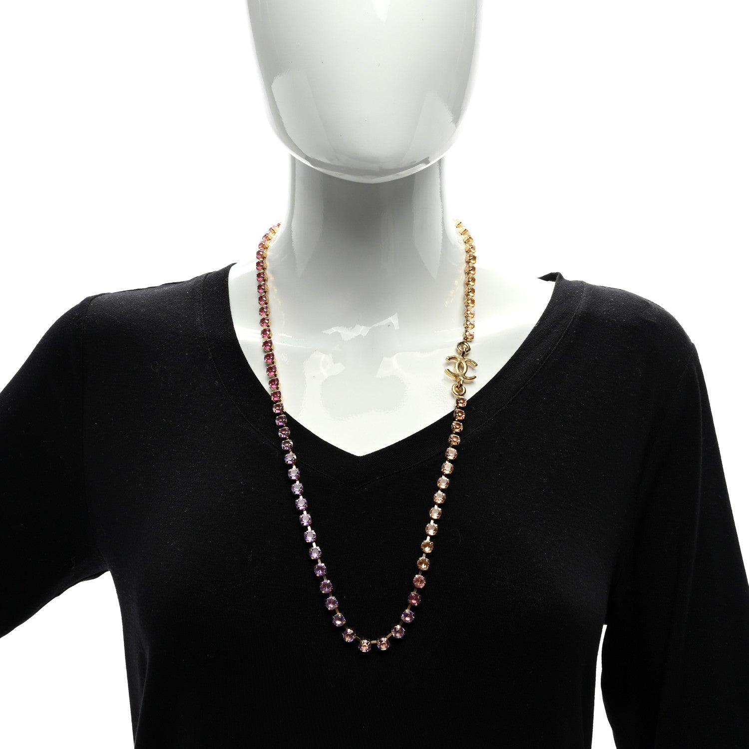 Chanel Metal Crystal CC Long Necklace Gold Pink Orange Purple Yellow 2 of 4