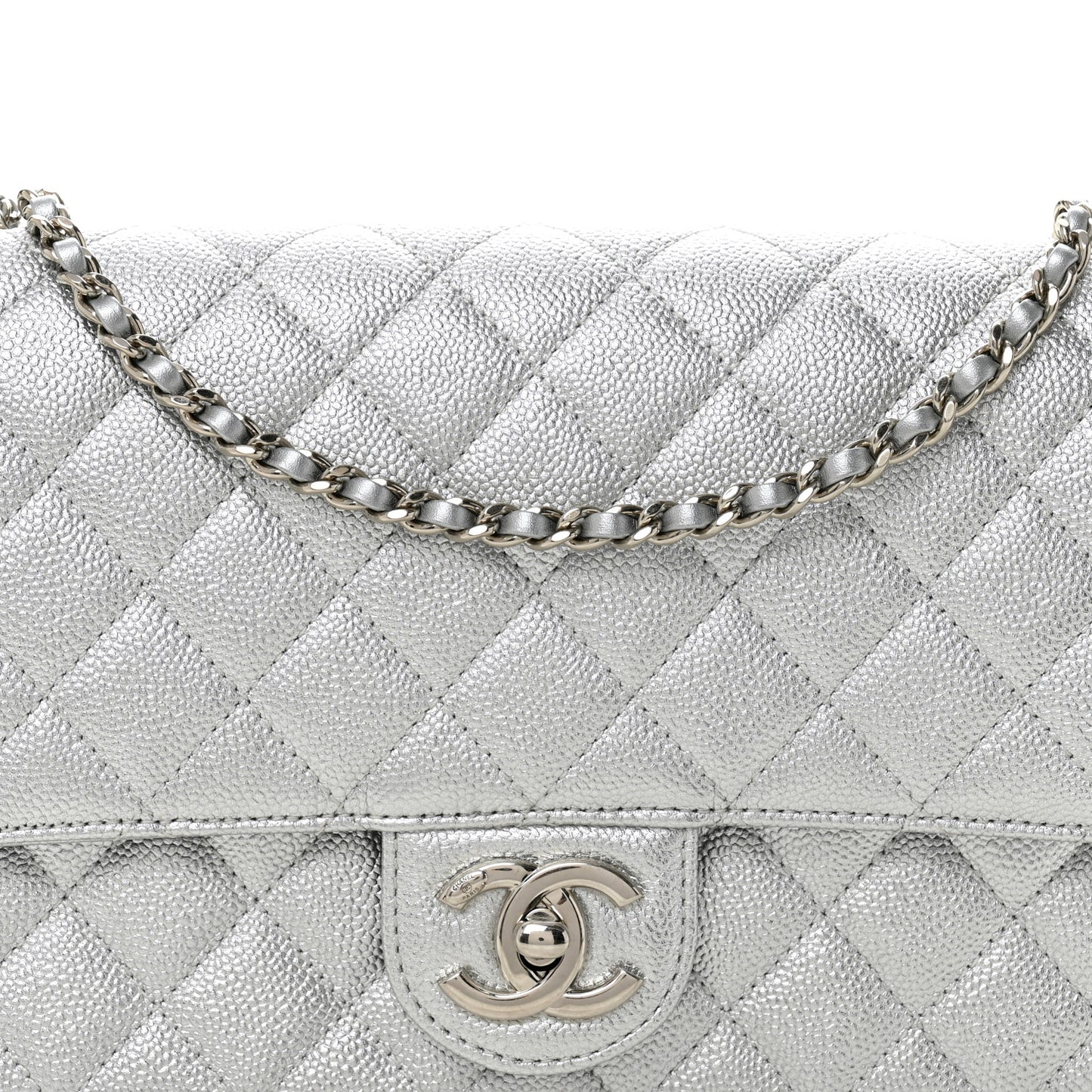 Metallic Caviar Quilted Medium CC Slide Flap Silver Silver