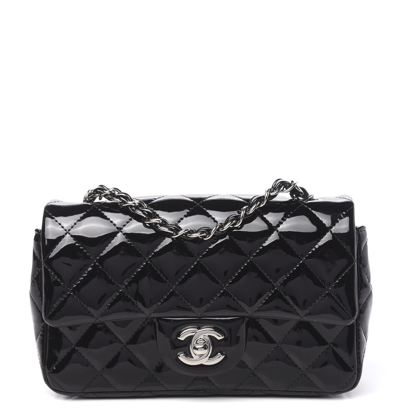 Patent Calfskin Quilted Mini Rectangular Flap Black