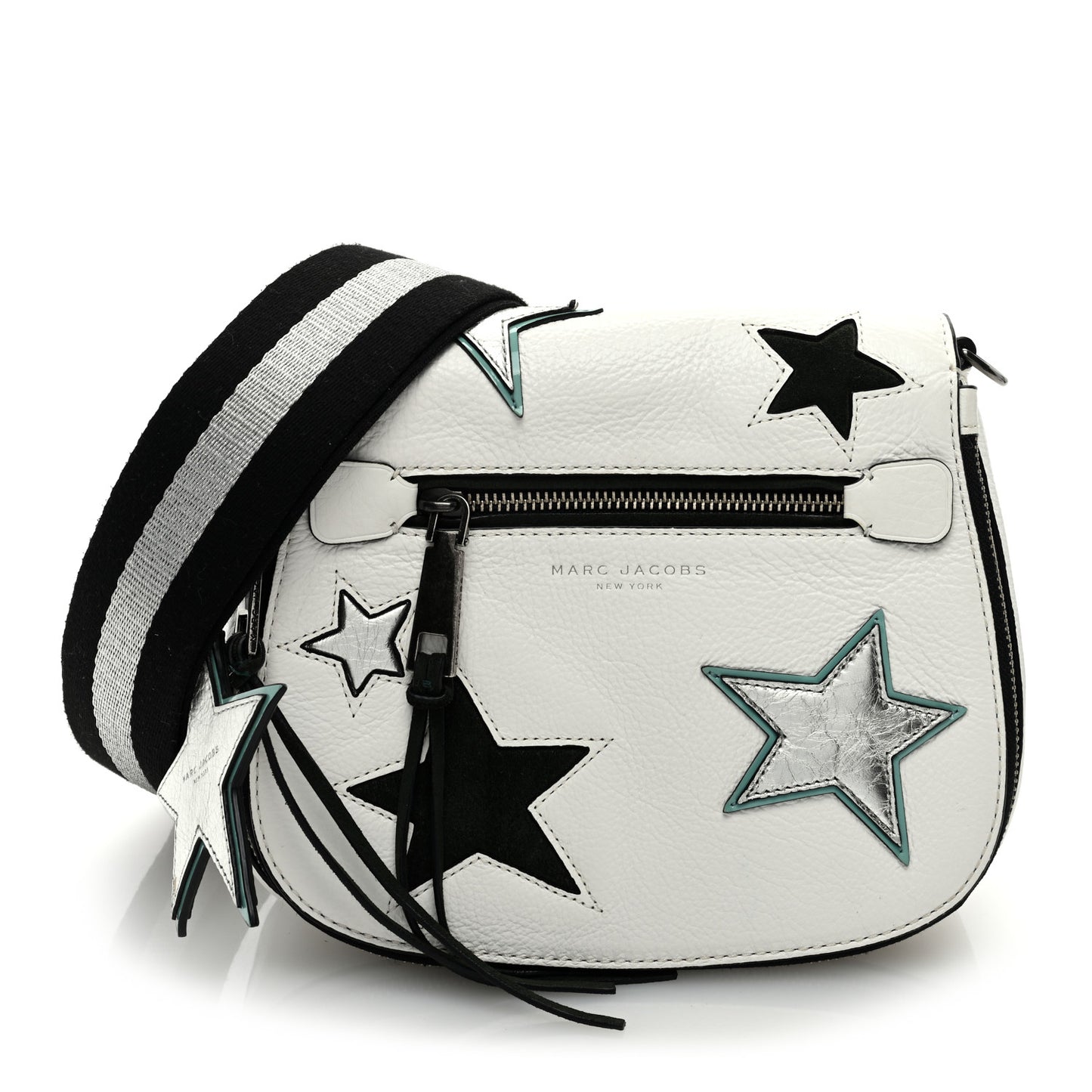 Pebbled Calfskin Star Patchwork Small Saddle Bag White Multicolor Almond